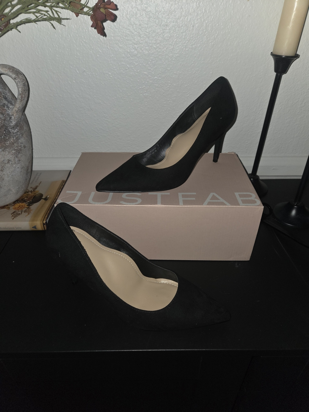 JustFab Black Pointed-Toe Pumps with Stiletto Heel
